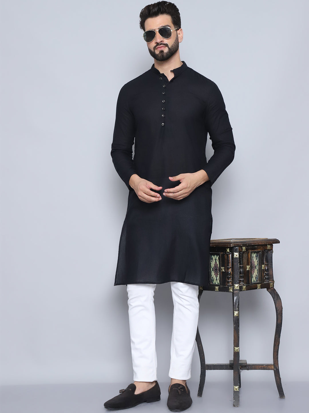 Even Apparels Men's Pure Cotton Black Kurta | Grocsy