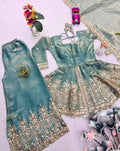 Evanik Seagreen Fendy Satin With Embroidered Real Mirror Work Plazzo Set | Grocsy