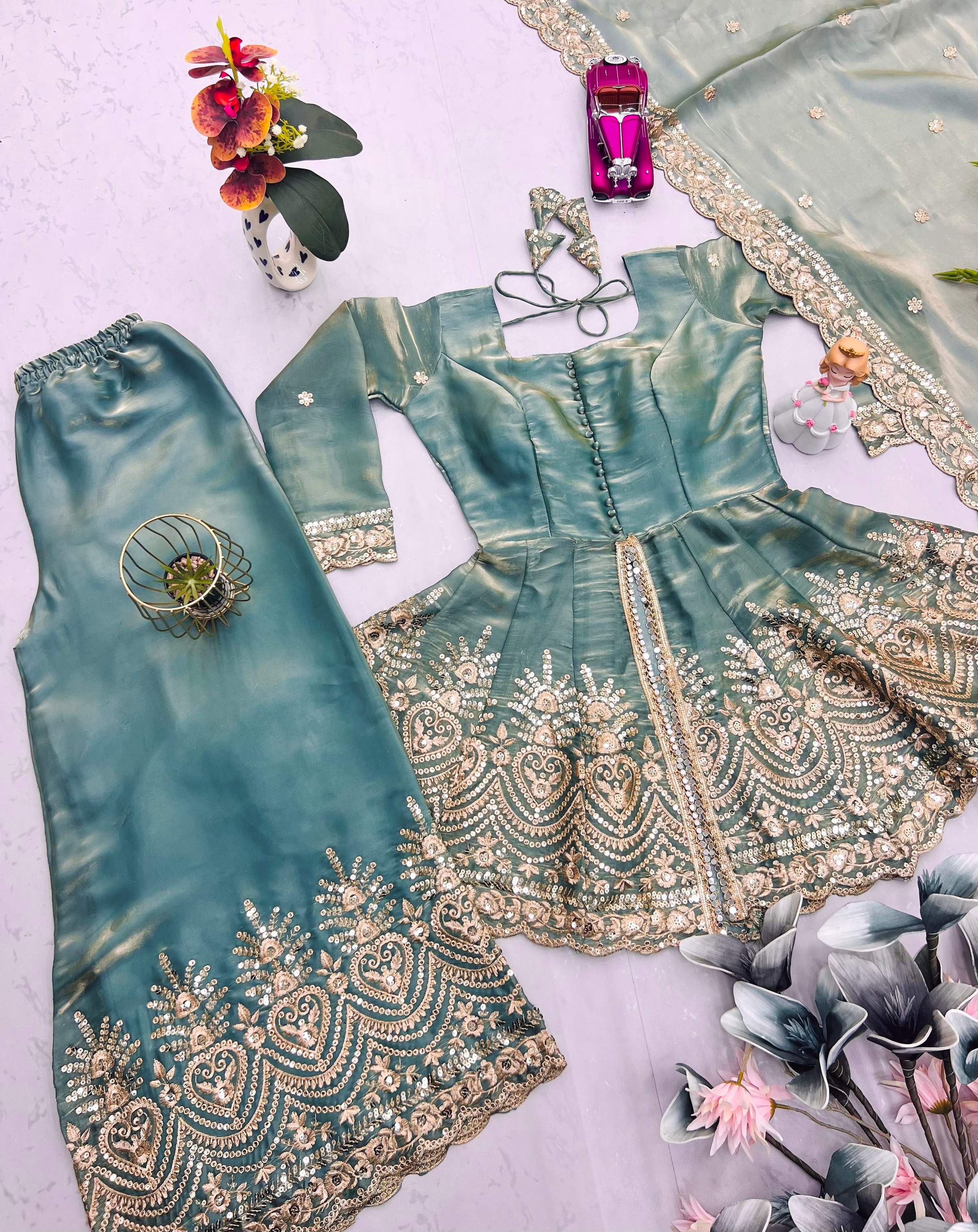 Evanik Seagreen Fendy Satin With Embroidered Real Mirror Work Plazzo Set | Grocsy