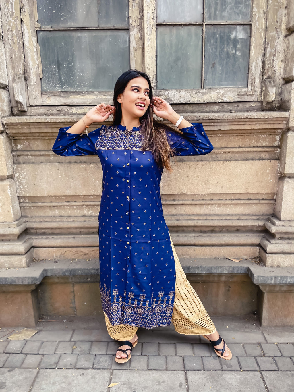 Jompers Women Navy Blue & Golden Block Print Straight Kurta | Grocsy