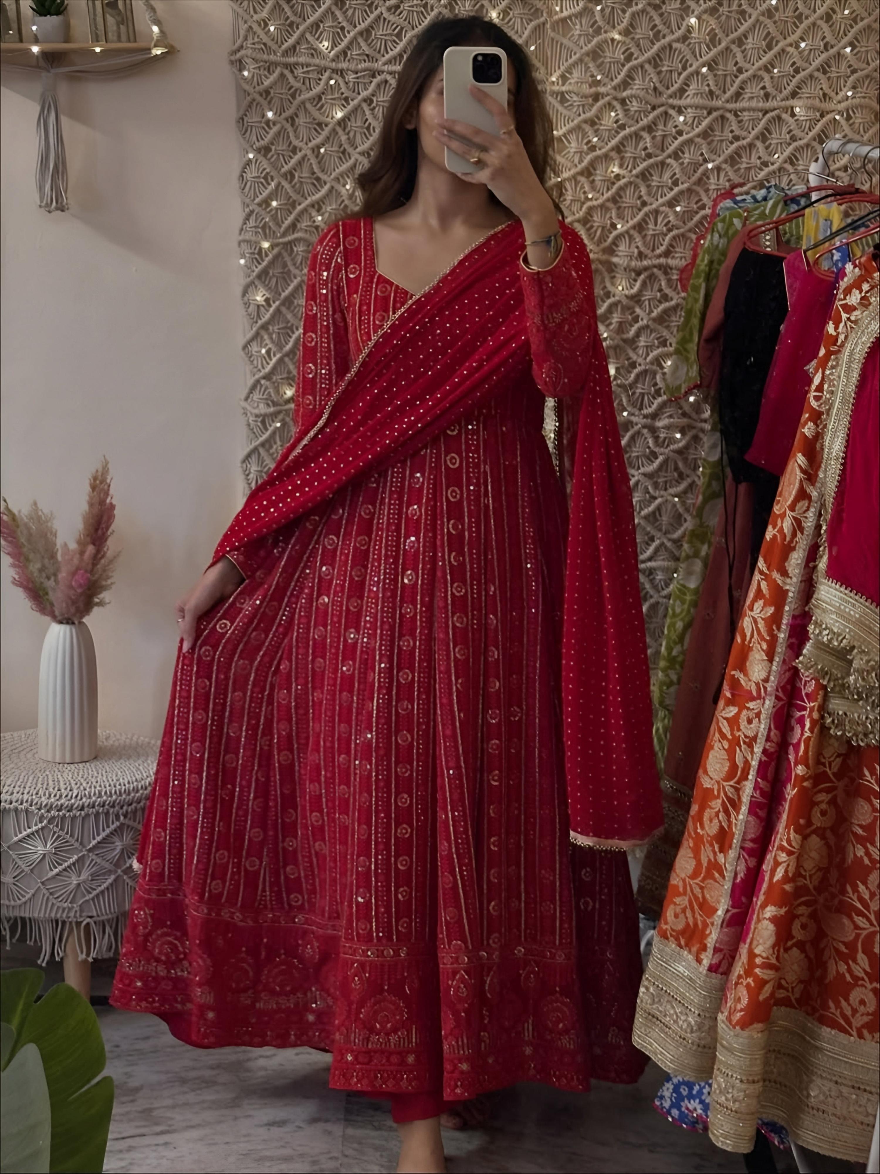 Yash Enterprise Mehrooni Red Faux Blooming Party Wear Embroidery Suit Set | Grocsy