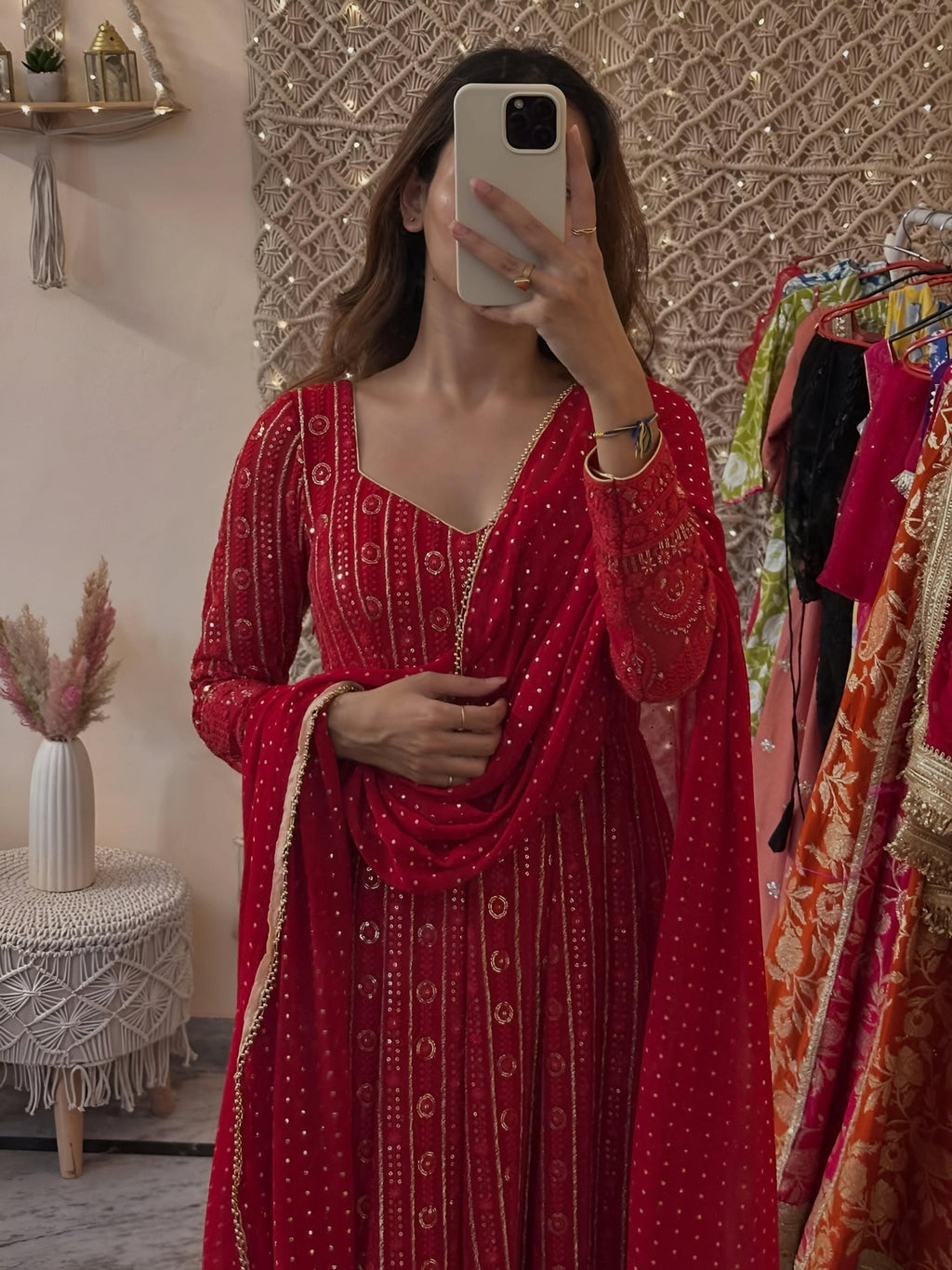 Yash Enterprise Mehrooni Red Faux Blooming Party Wear Embroidery Suit Set | Grocsy