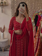 Yash Enterprise Mehrooni Red Faux Blooming Party Wear Embroidery Suit Set | Grocsy