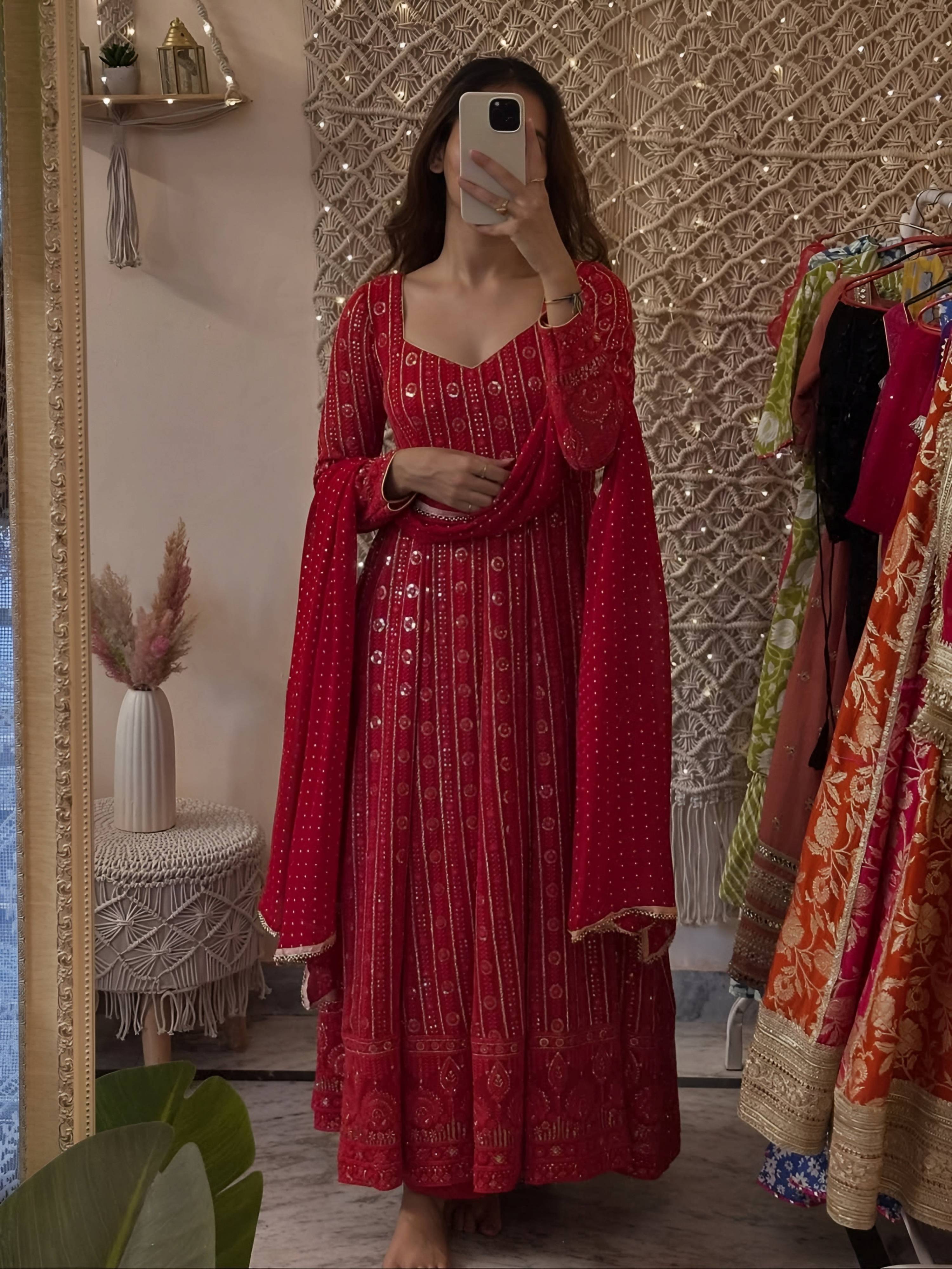 Yash Enterprise Mehrooni Red Faux Blooming Party Wear Embroidery Suit Set | Grocsy