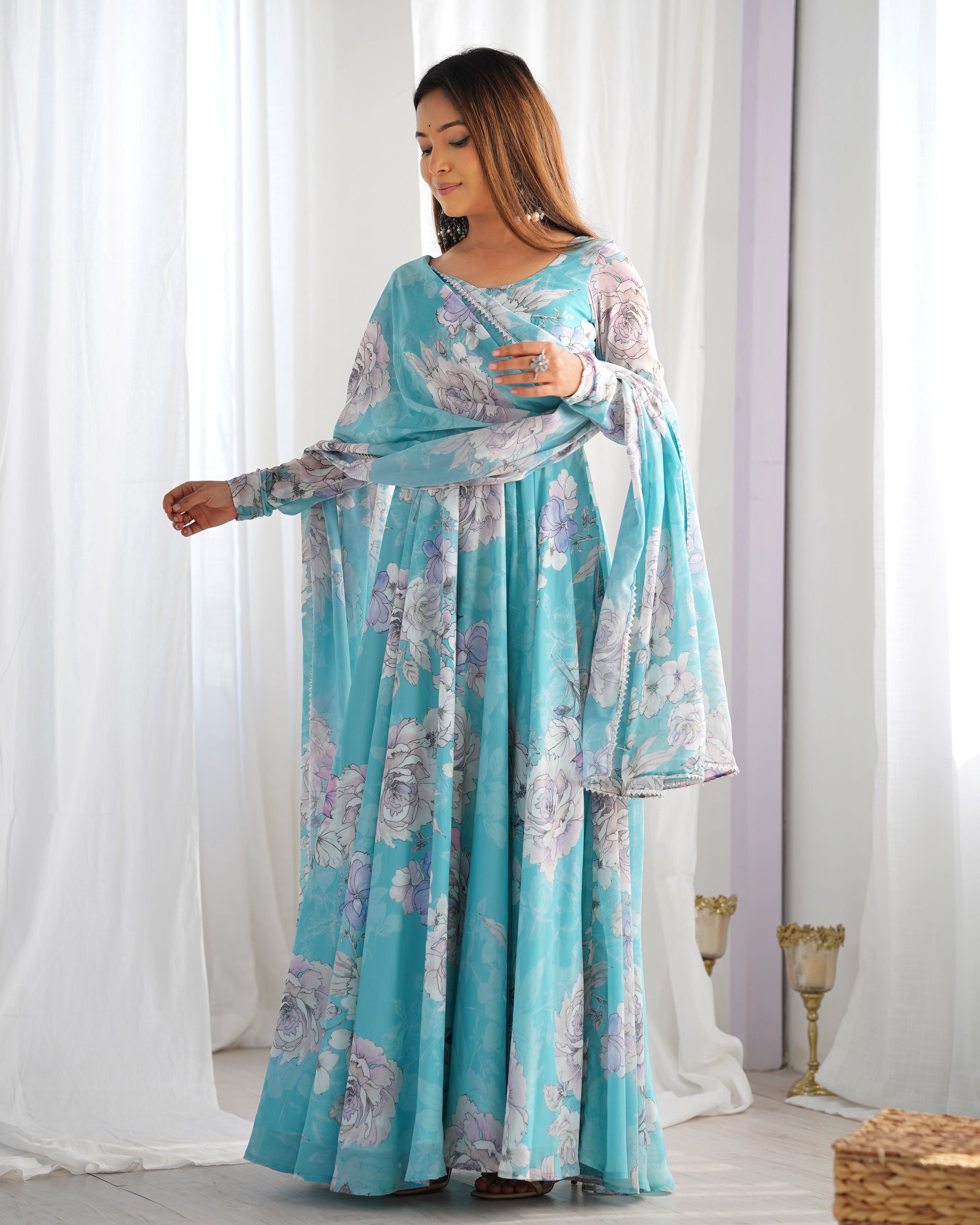 Evanik Skyblue Georgette Floral Print Fully Flair Gown Dupatta Ready To Wear | Grocsy