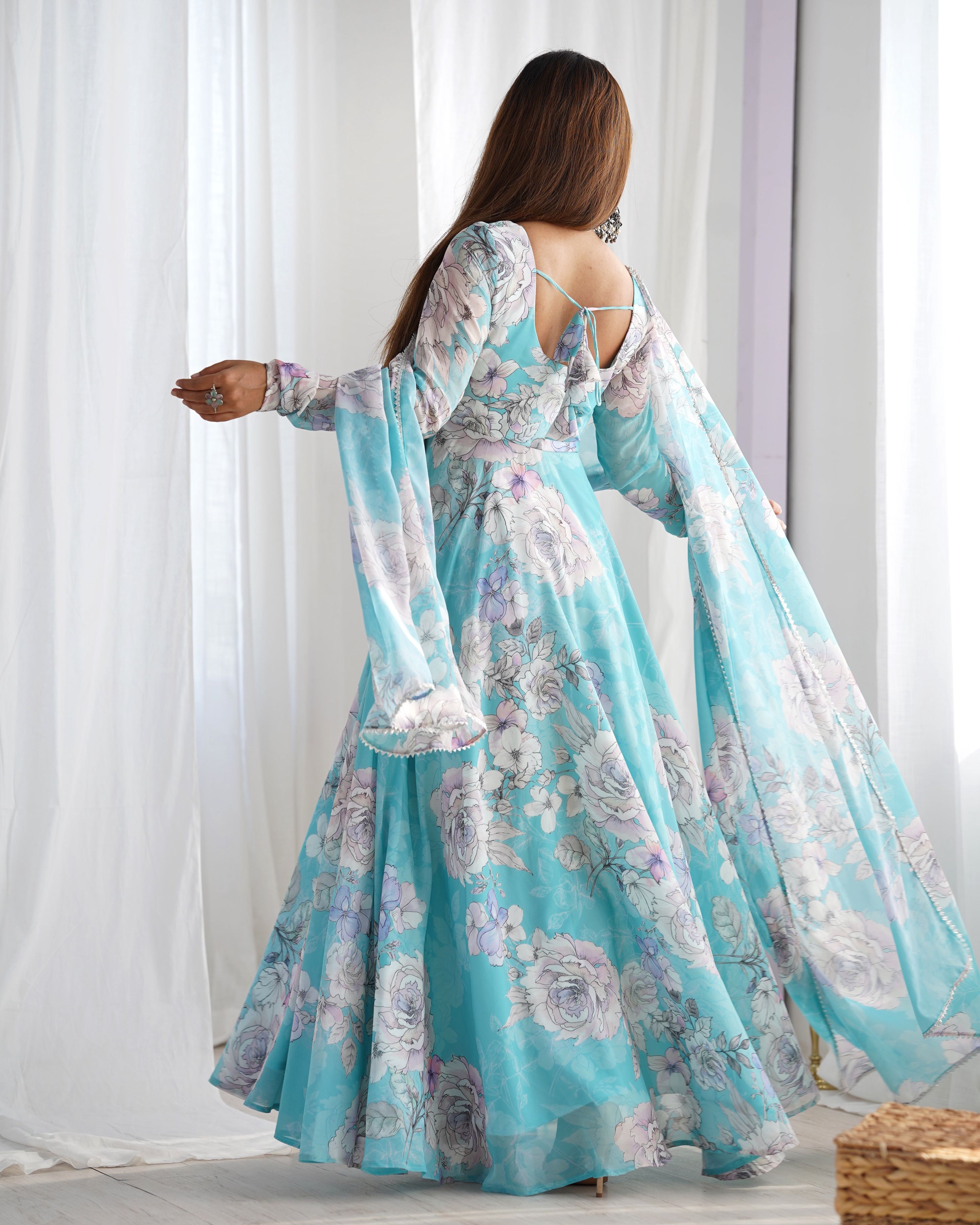 Evanik Skyblue Georgette Floral Print Fully Flair Gown Dupatta Ready To Wear | Grocsy