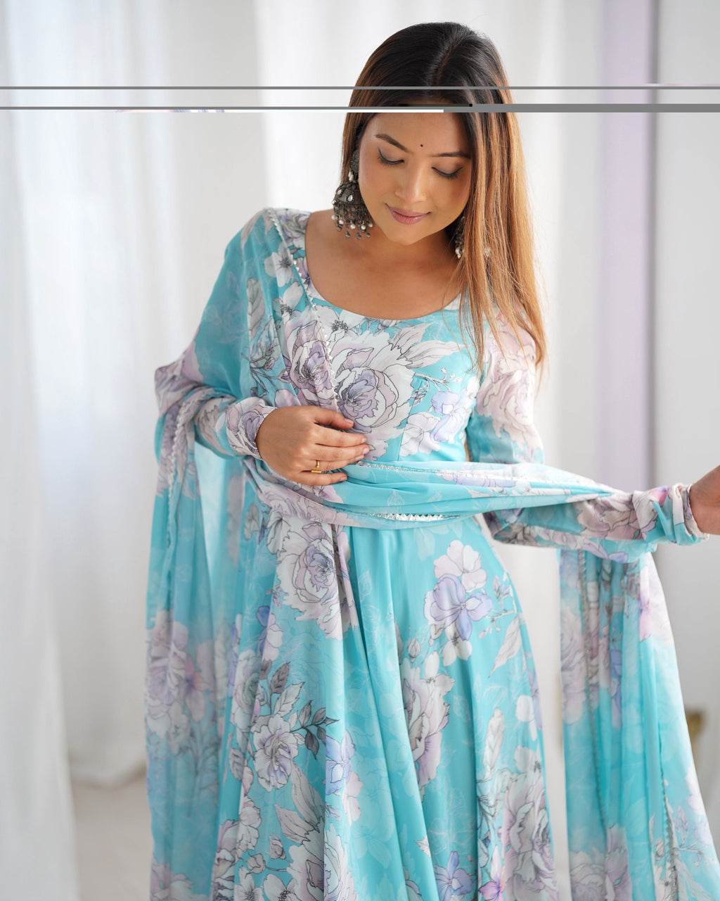 Evanik Skyblue Georgette Floral Print Fully Flair Gown Dupatta Ready To Wear | Grocsy