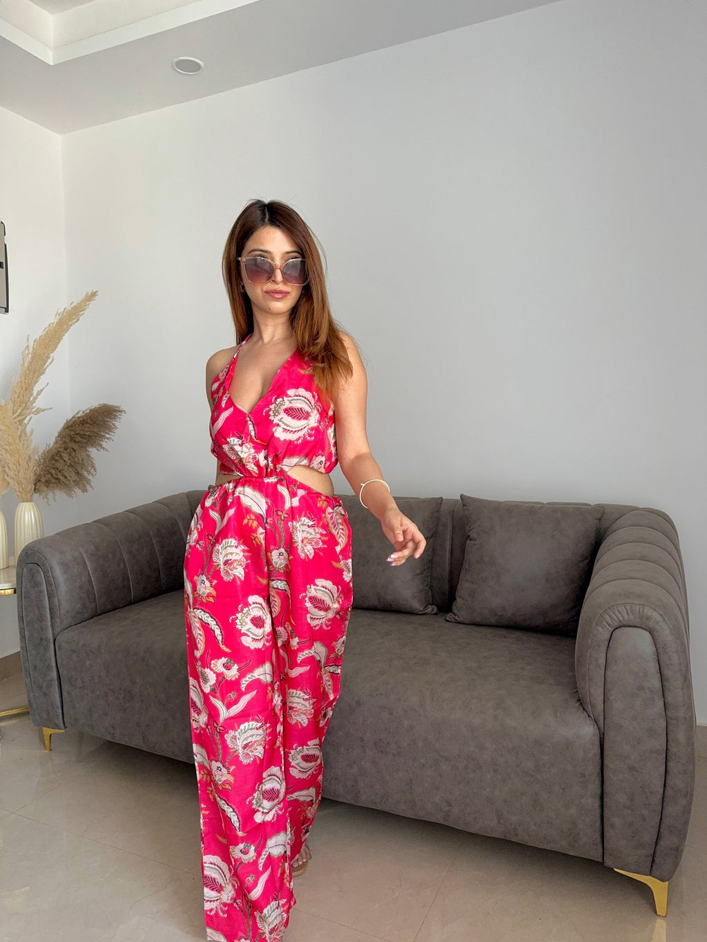 Noroke Red Floral Print Linen Red Floral Cut-out Jumpsuit | Grocsy
