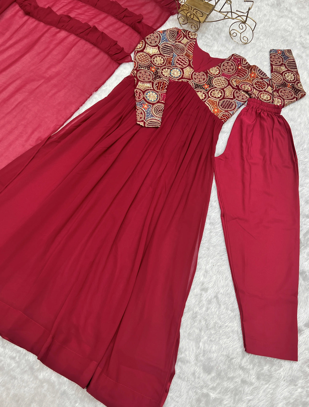 Lorenvalley Fashion Red Heavy Soft Georgette With Embroidered Work Fully Flared Anarkali Pant With Dupatta Set - Red | Grocsy