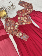 Lorenvalley Fashion Red Heavy Soft Georgette With Embroidered Work Fully Flared Anarkali Pant With Dupatta Set - Red | Grocsy