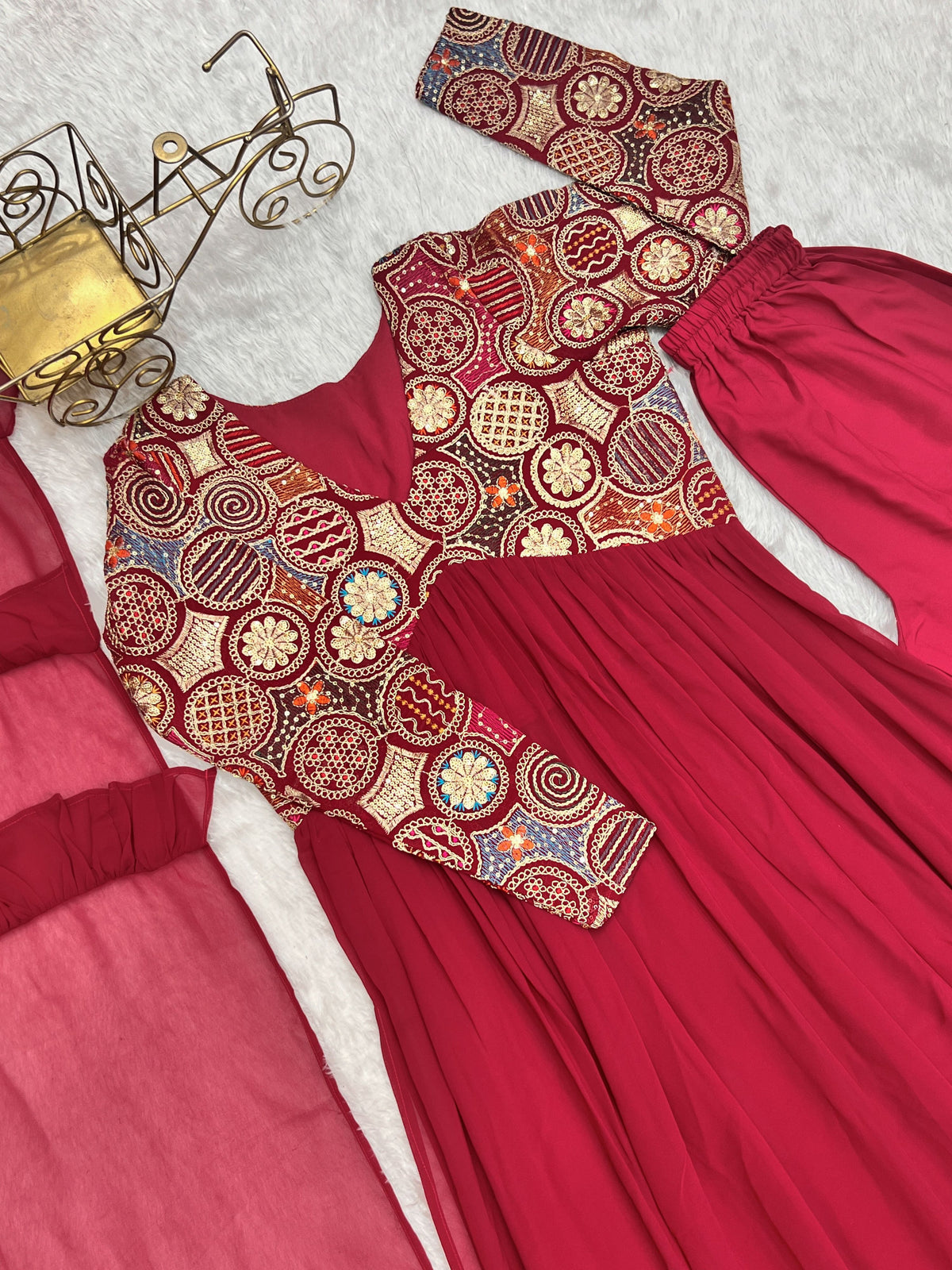 Lorenvalley Fashion Red Heavy Soft Georgette With Embroidered Work Fully Flared Anarkali Pant With Dupatta Set - Red | Grocsy