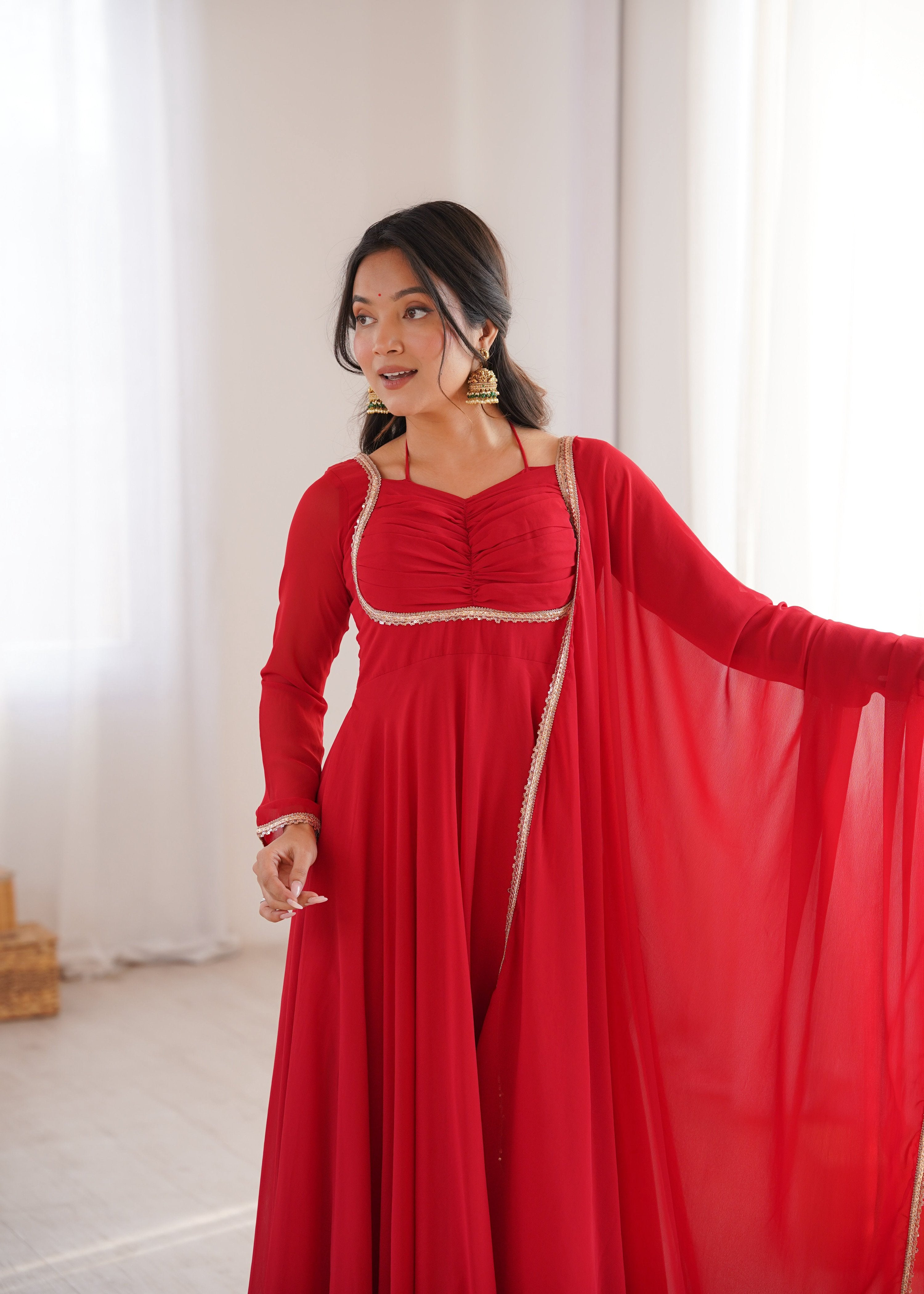 Evanik Red Georgette Plain Fully Flair Gown Dupatta | Grocsy