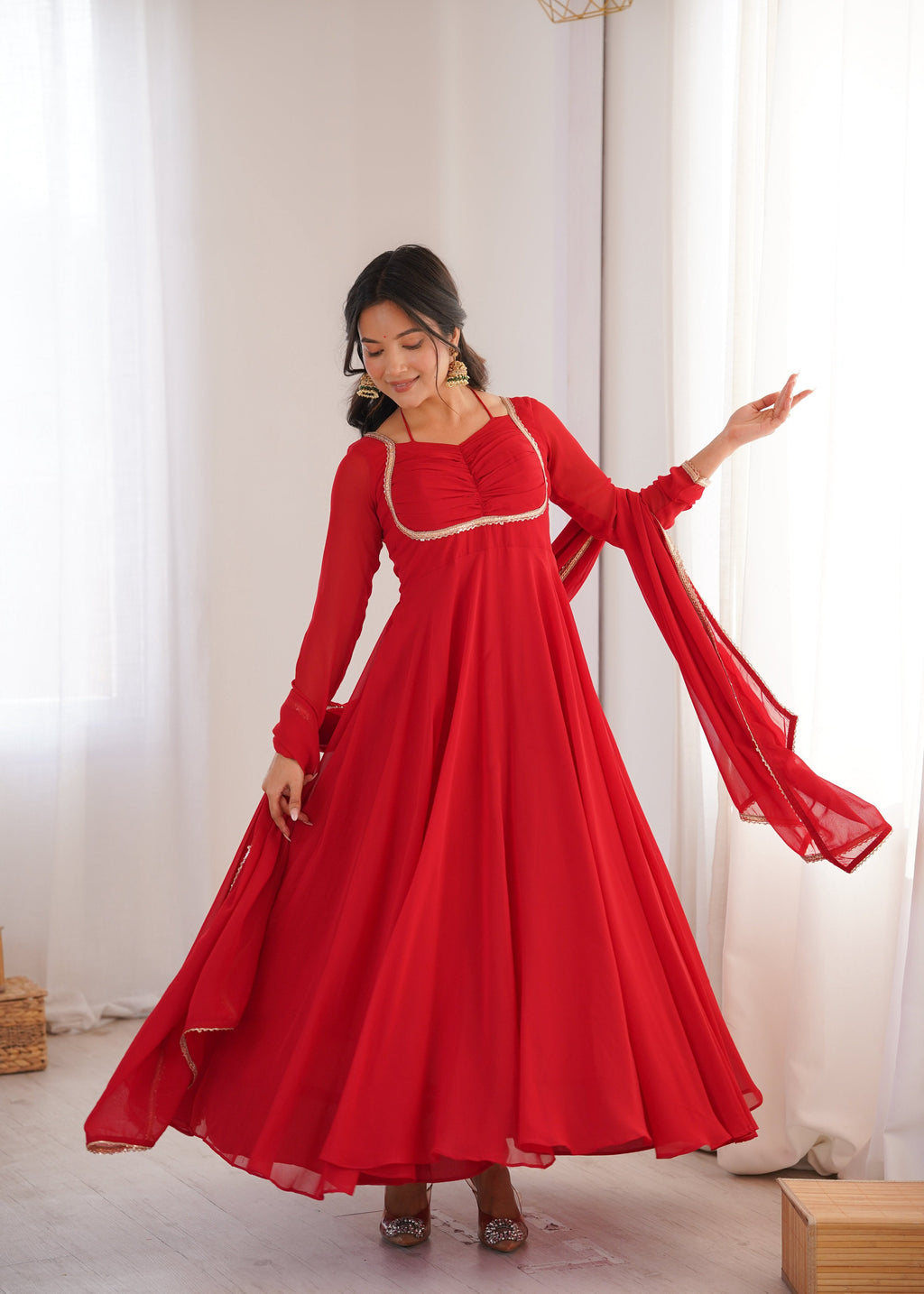 Evanik Red Georgette Plain Fully Flair Gown Dupatta | Grocsy