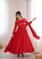 Evanik Red Georgette Plain Fully Flair Gown Dupatta | Grocsy