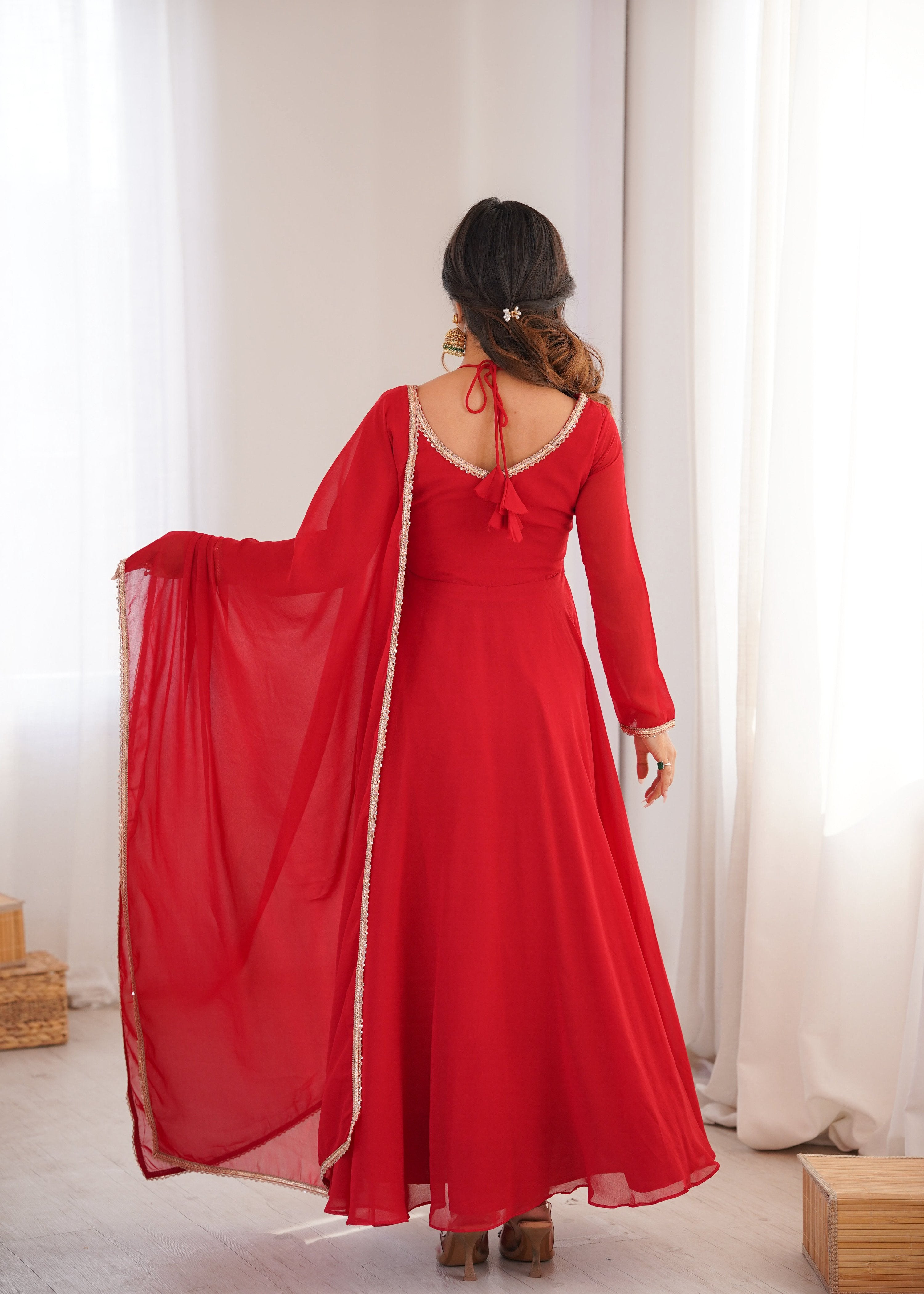 Evanik Red Georgette Plain Fully Flair Gown Dupatta | Grocsy