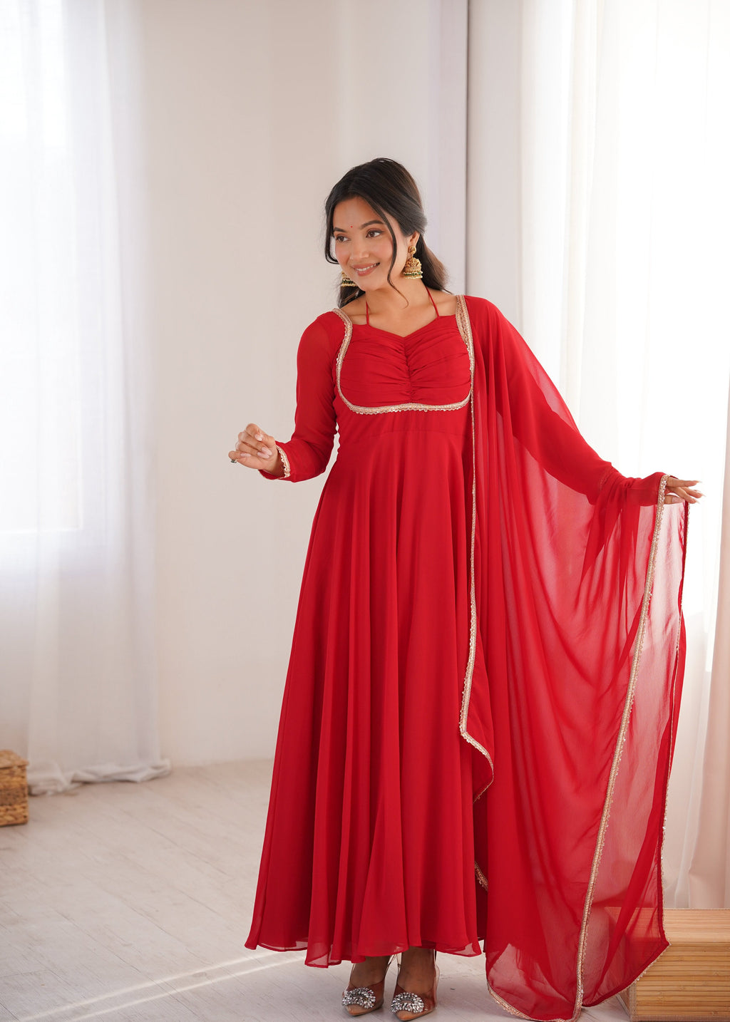 Evanik Red Georgette Plain Fully Flair Gown Dupatta | Grocsy