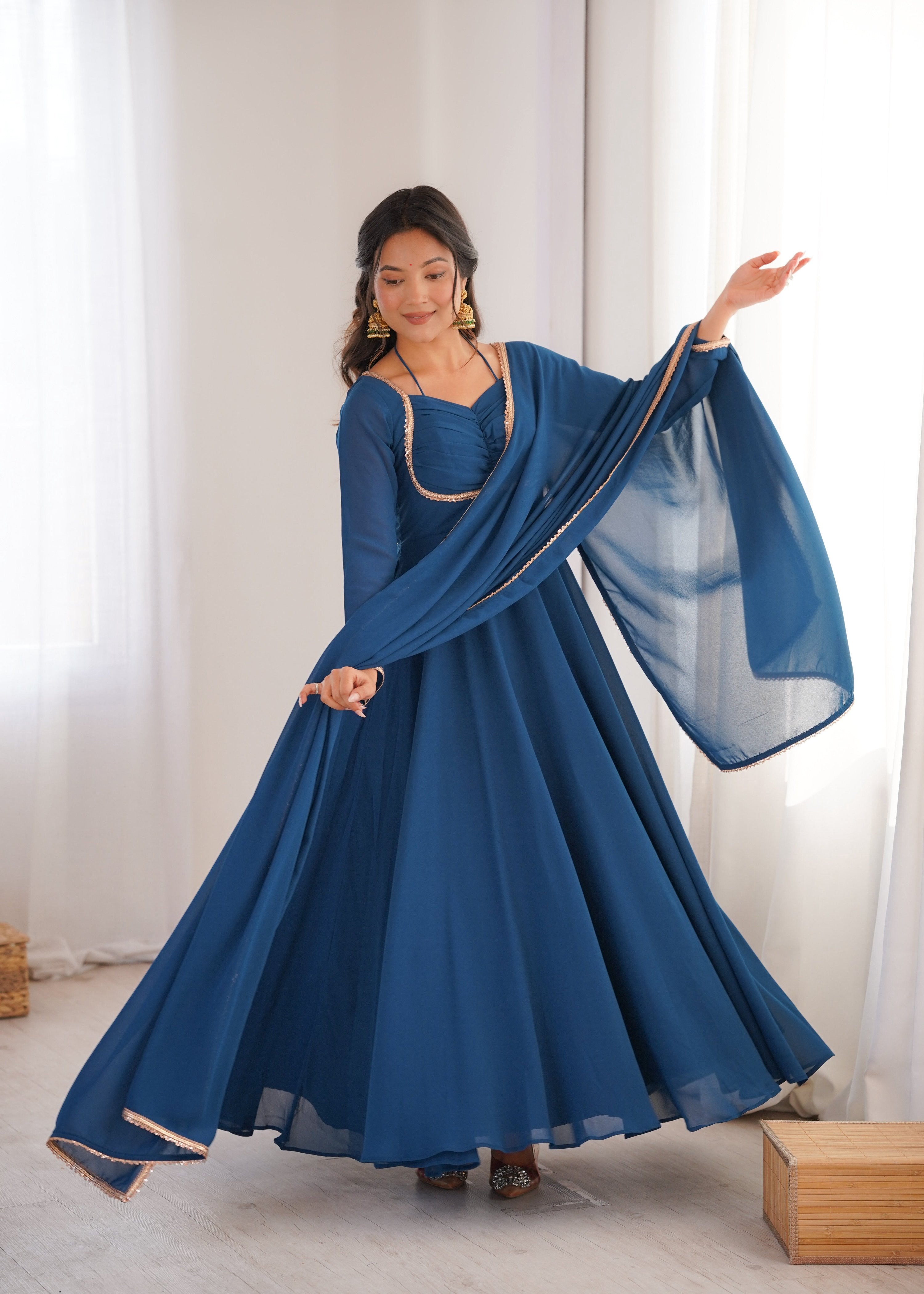 Evanik Teal Georgette Plain Fully Flair Gown Dupatta | Grocsy