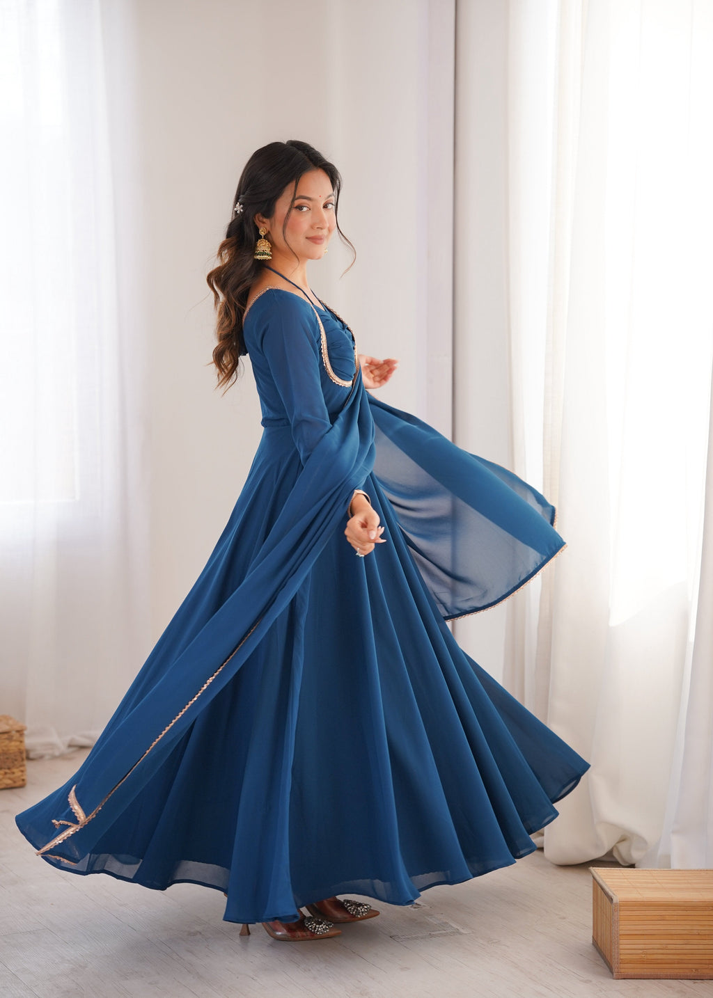 Evanik Teal Georgette Plain Fully Flair Gown Dupatta | Grocsy