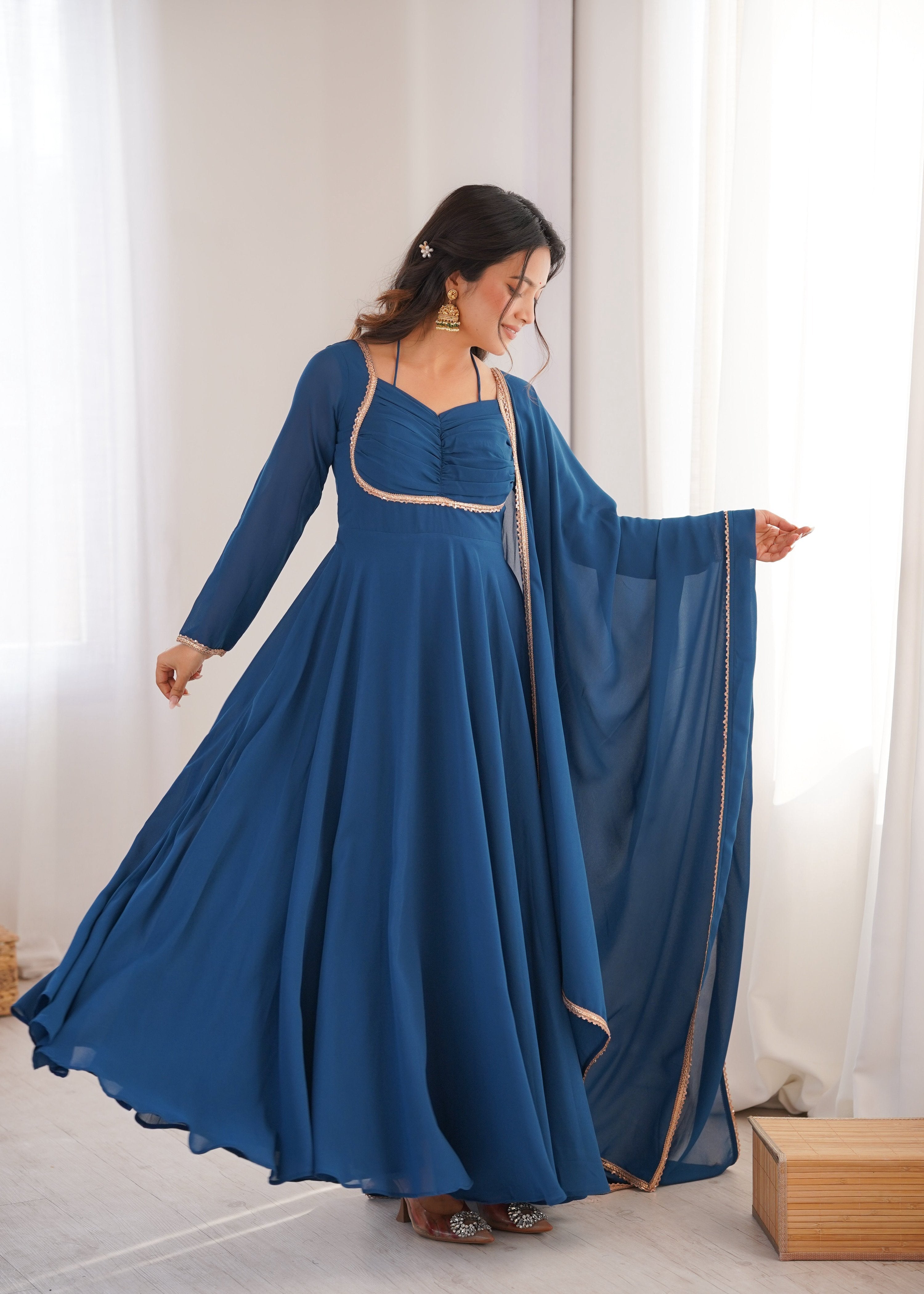 Evanik Teal Georgette Plain Fully Flair Gown Dupatta | Grocsy