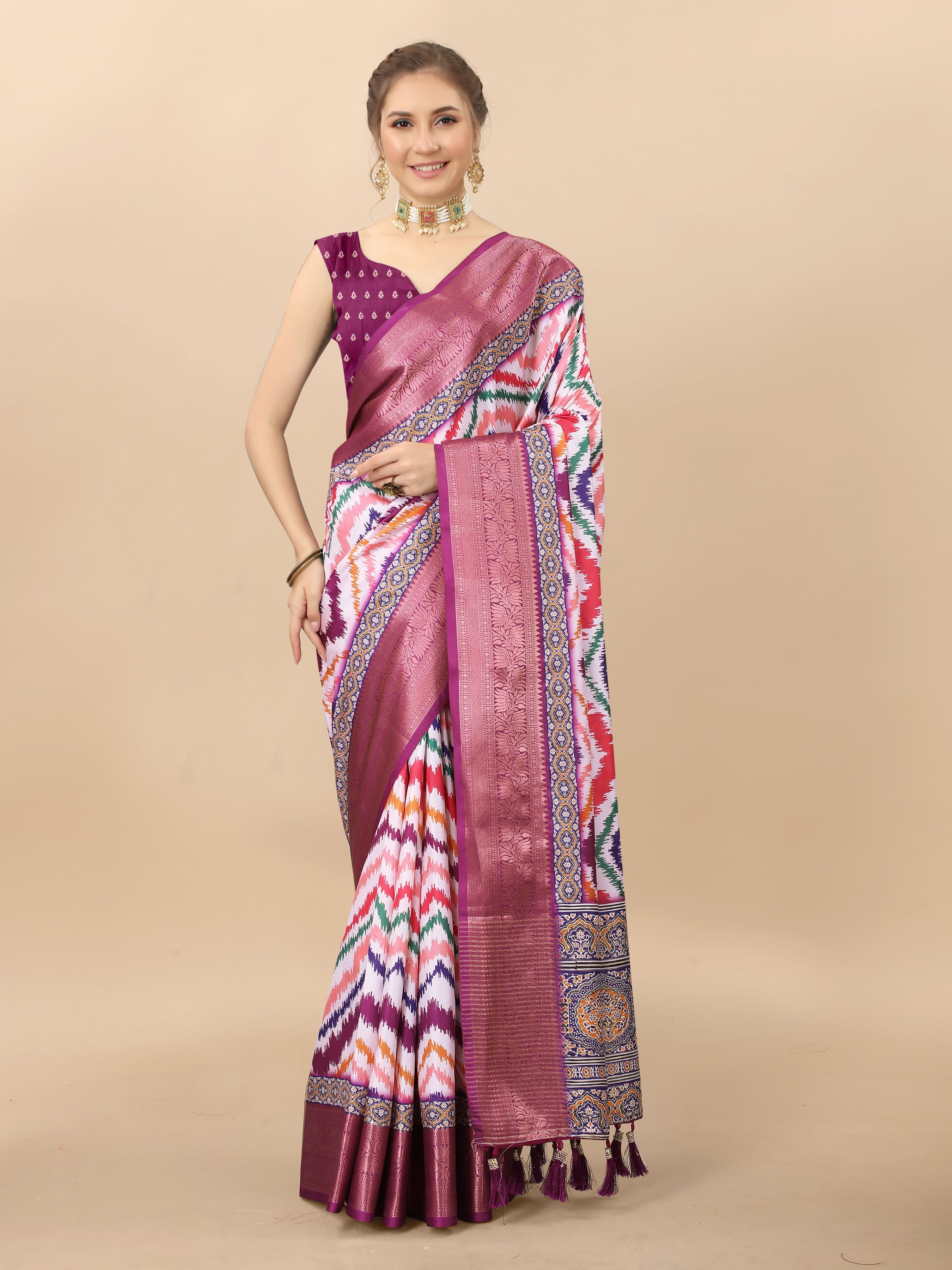 Lorenvalley Fashion Charming Zigzag Digital Print Saree With Heavy Rich Zari Border & Blouse - Mutlicolor | Grocsy