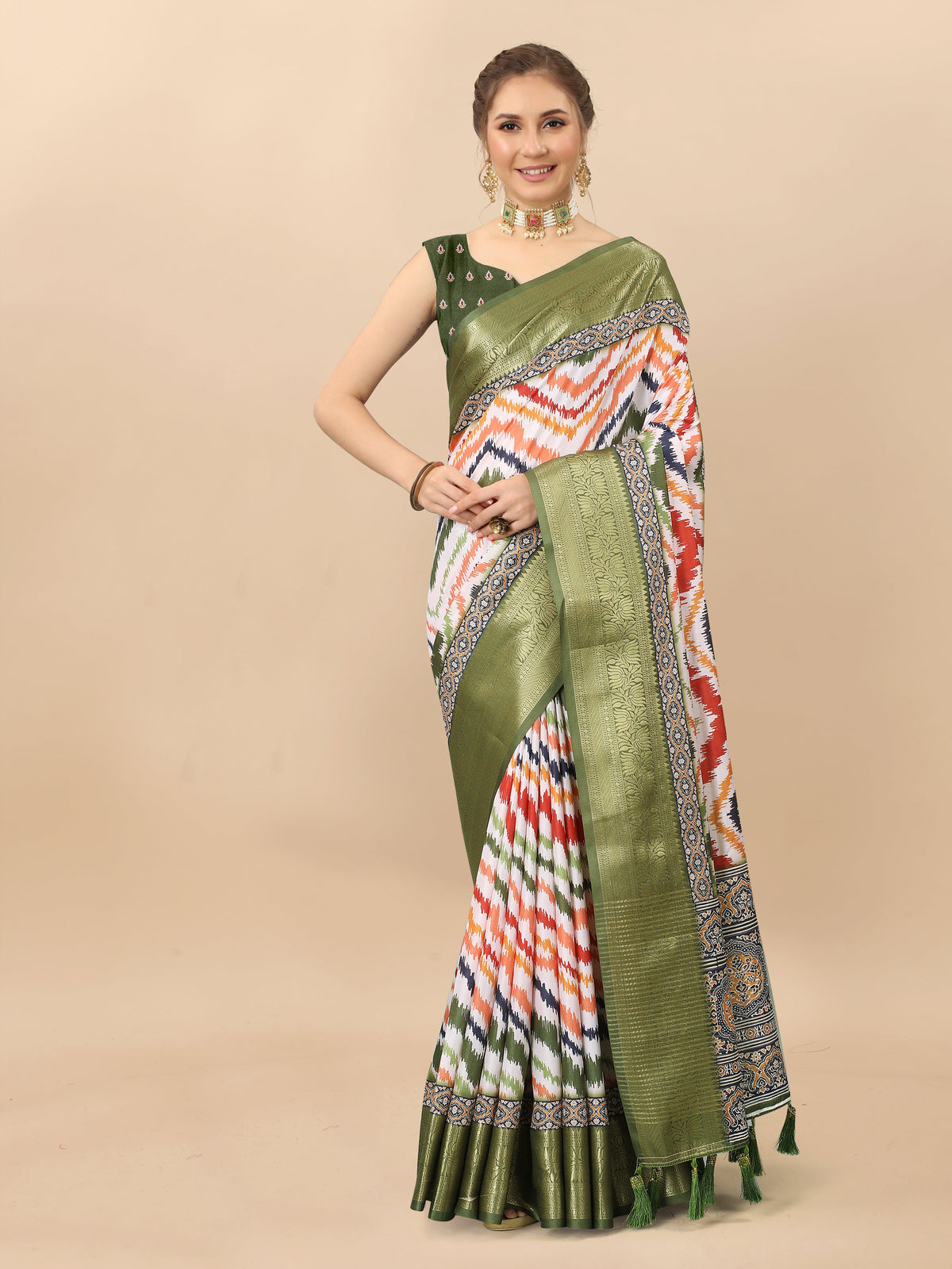 Lorenvalley Fashion Charming Zigzag Digital Print Saree With Heavy Rich Zari Border & Blouse - Mutlicolor | Grocsy