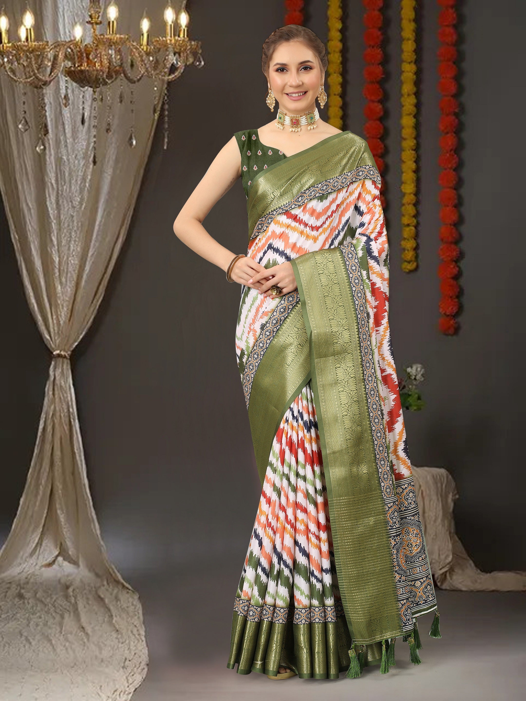 Vedant Vastram Mehndi Color Kanjeevaram Silk Saree - Mehndi | Grocsy