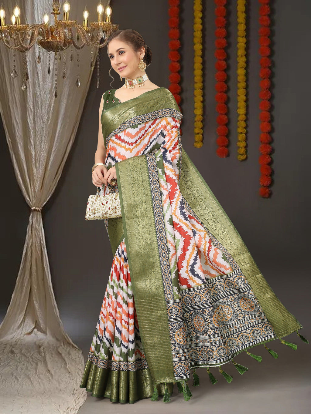 Vedant Vastram Mehndi Color Kanjeevaram Silk Saree - Mehndi | Grocsy