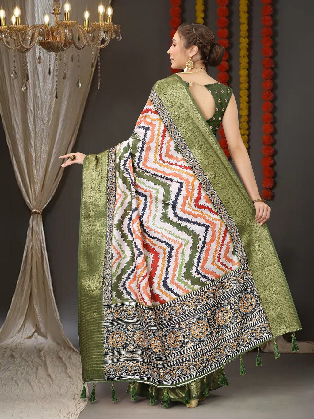 Vedant Vastram Mehndi Color Kanjeevaram Silk Saree - Mehndi | Grocsy