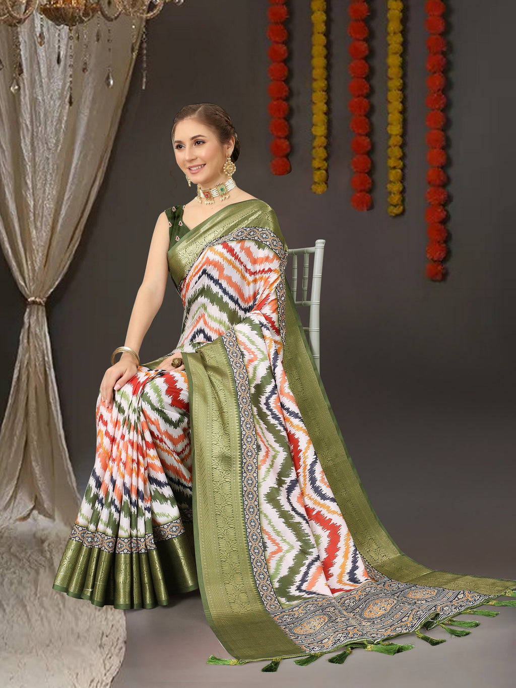 Vedant Vastram Mehndi Color Kanjeevaram Silk Saree - Mehndi | Grocsy