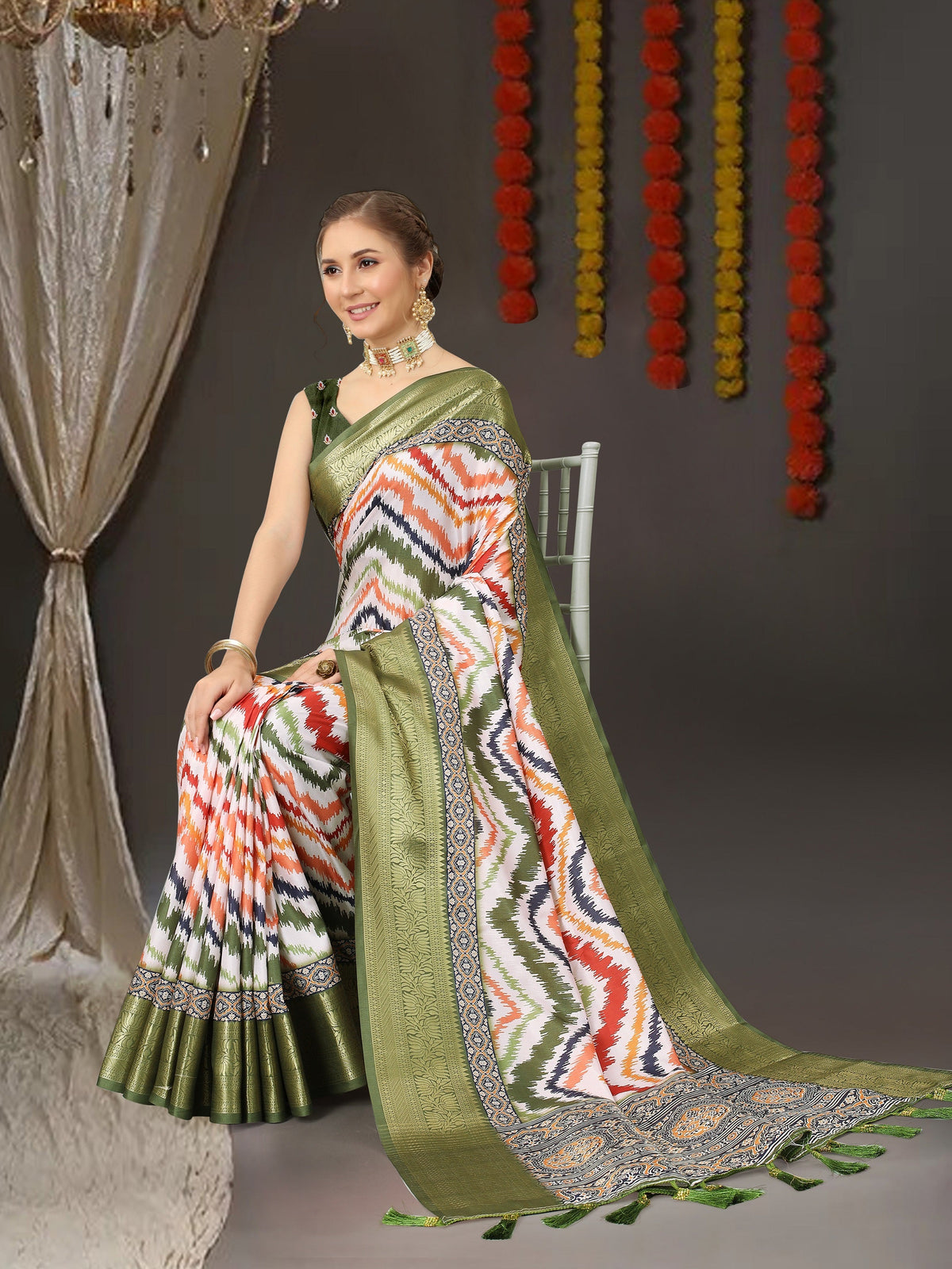 Vedant Vastram Mehndi Color Kanjeevaram Silk Saree - Mehndi | Grocsy
