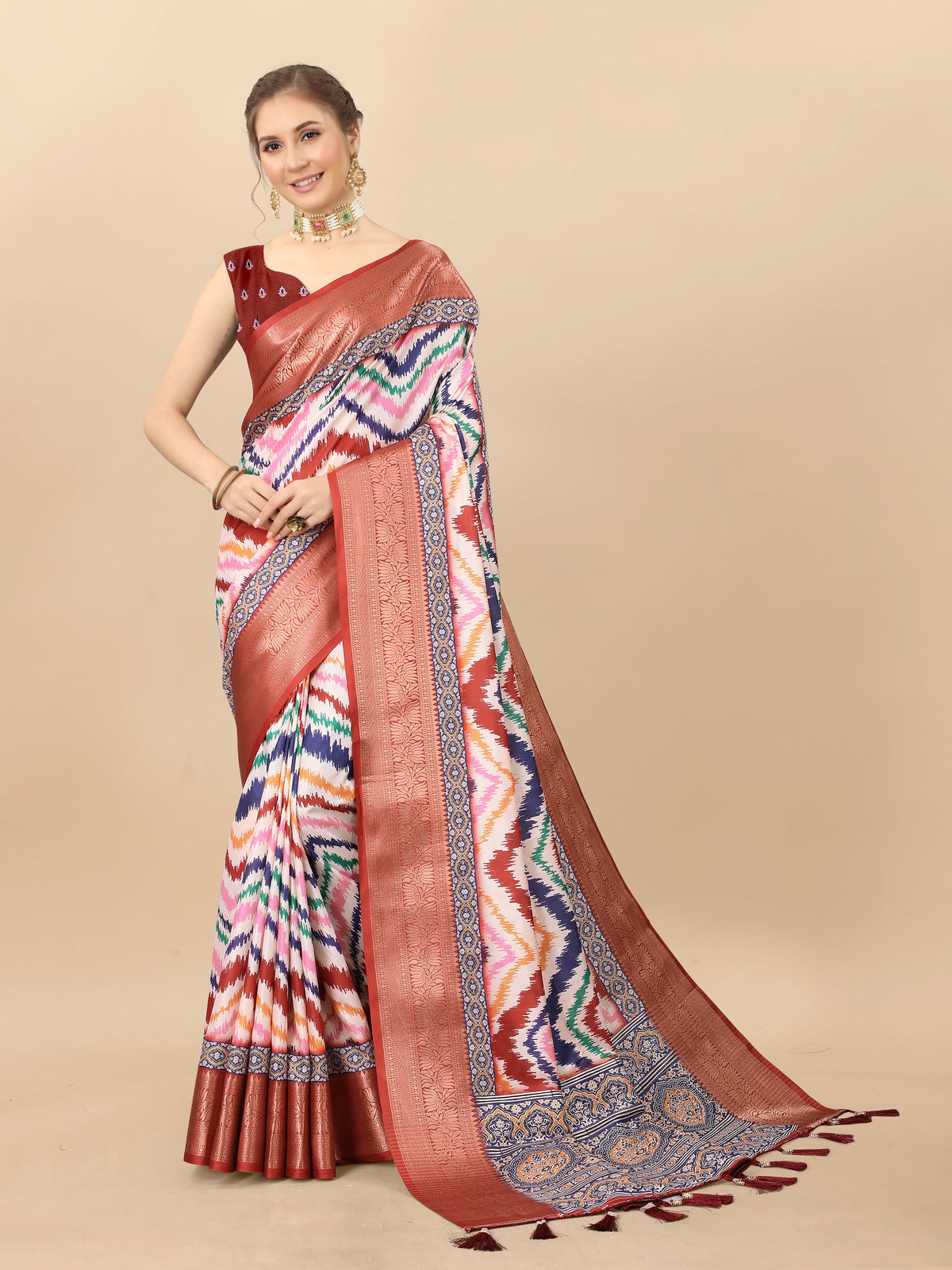Lorenvalley Fashion Charming Zigzag Digital Print Saree With Heavy Rich Zari Border & Blouse - Mutlicolor | Grocsy