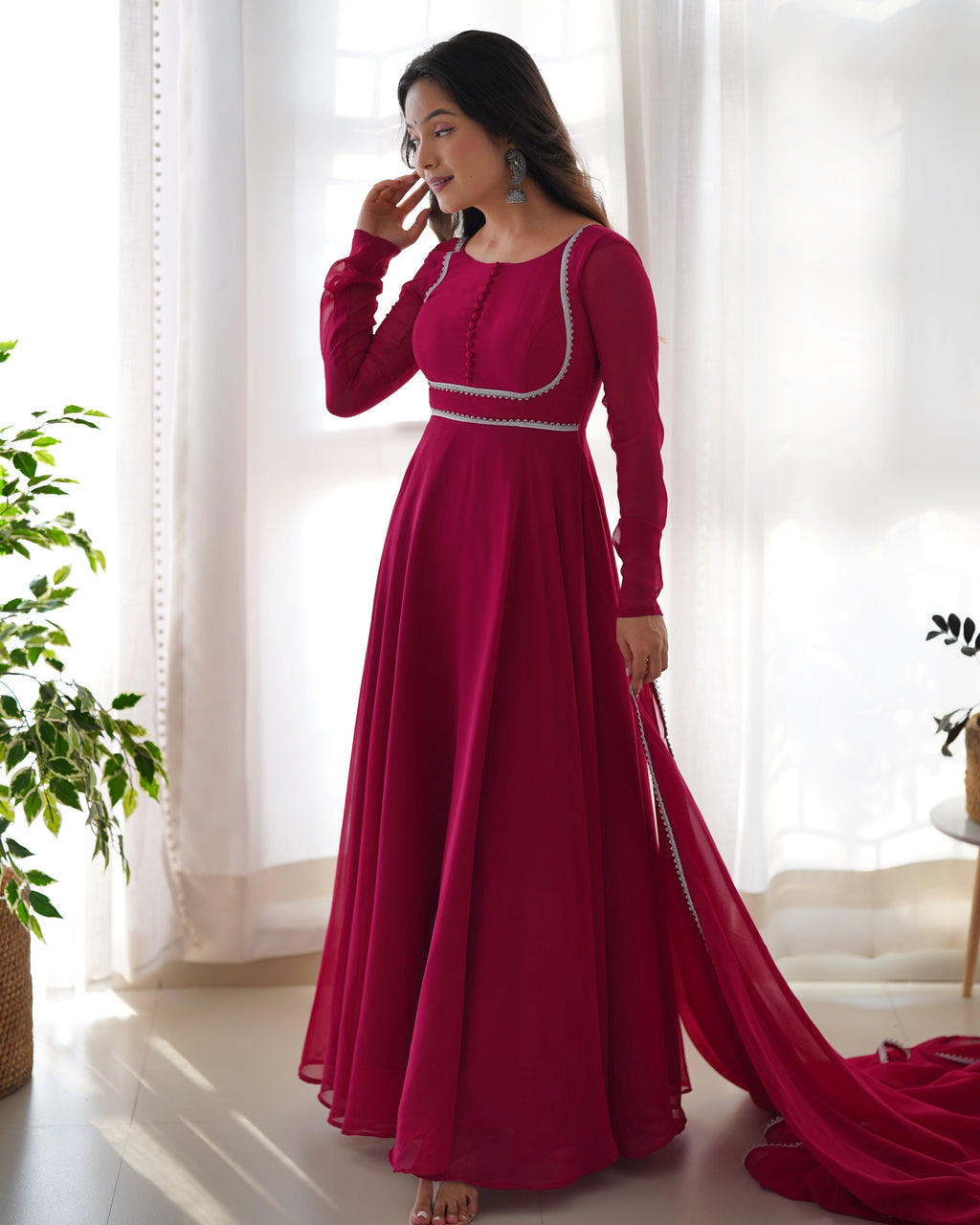 Lorenvalley Fashion Pink Georgette Anarkali Gown Dupatta Set With Pant Ready to Wear - Pink | Grocsy
