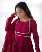 Lorenvalley Fashion Pink Georgette Anarkali Gown Dupatta Set With Pant Ready to Wear - Pink | Grocsy