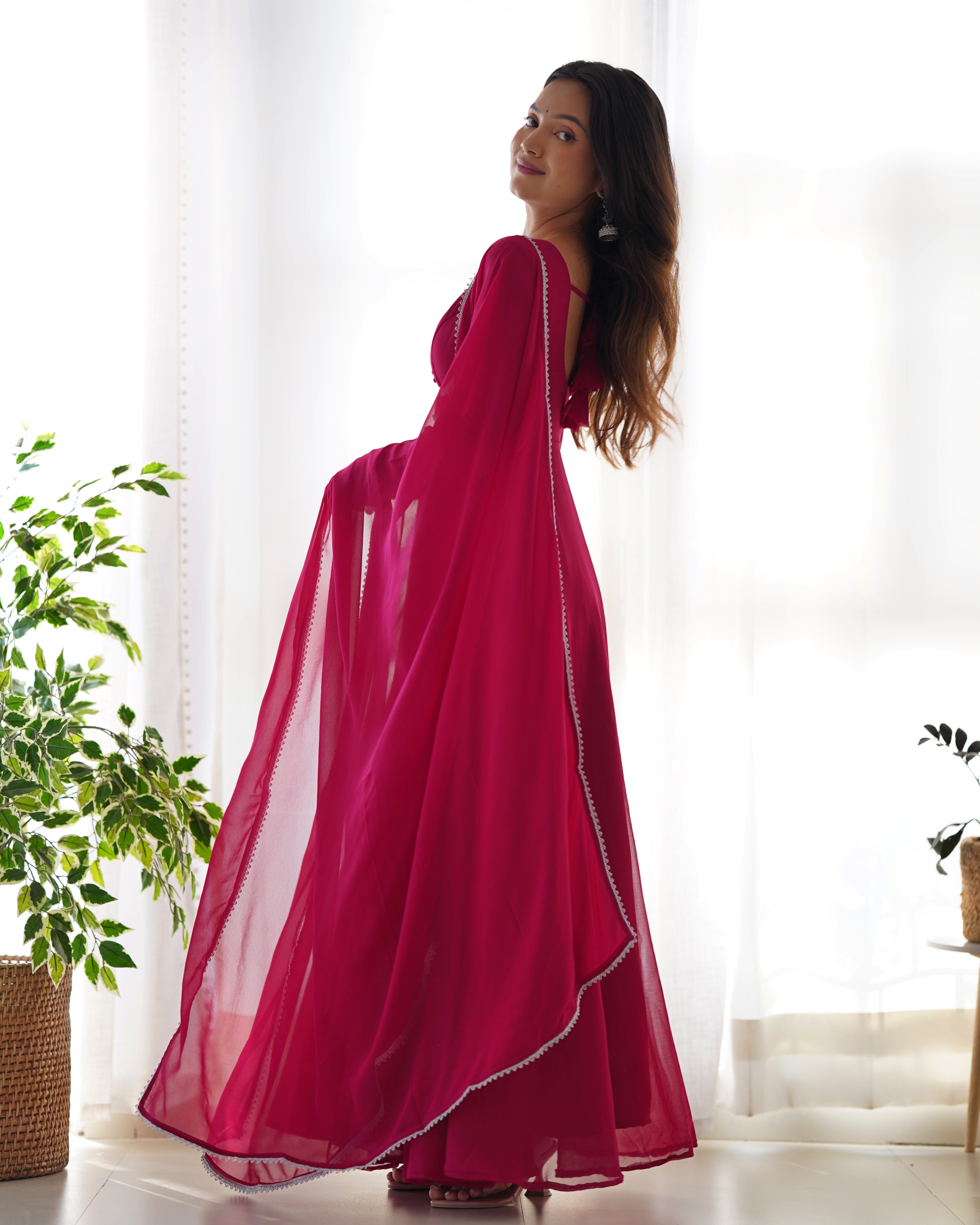 Lorenvalley Fashion Pink Georgette Anarkali Gown Dupatta Set With Pant Ready to Wear - Pink | Grocsy