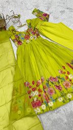 Lorenvalley Fashion Parrot Soft Organza Silk With Floral Print Fully Flared Anarkali Pant With Dupatta Set - Green | Grocsy
