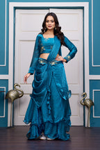 Yash Enterprise Rama Green Vichitra Silk Party Wear Embroidery Crop Top With Blouse Lehenga Choli | Grocsy