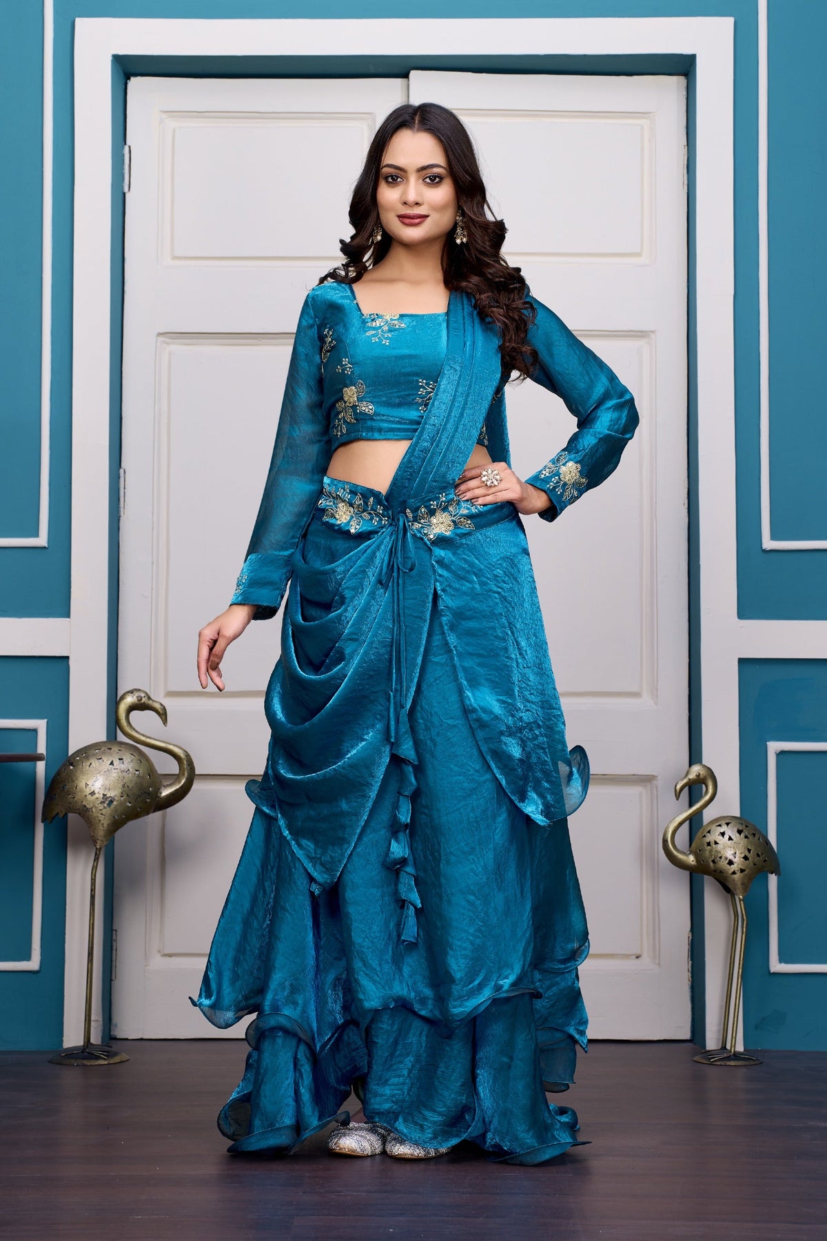 Yash Enterprise Rama Green Vichitra Silk Party Wear Embroidery Crop Top With Blouse Lehenga Choli | Grocsy
