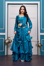 Yash Enterprise Rama Green Vichitra Silk Party Wear Embroidery Crop Top With Blouse Lehenga Choli | Grocsy