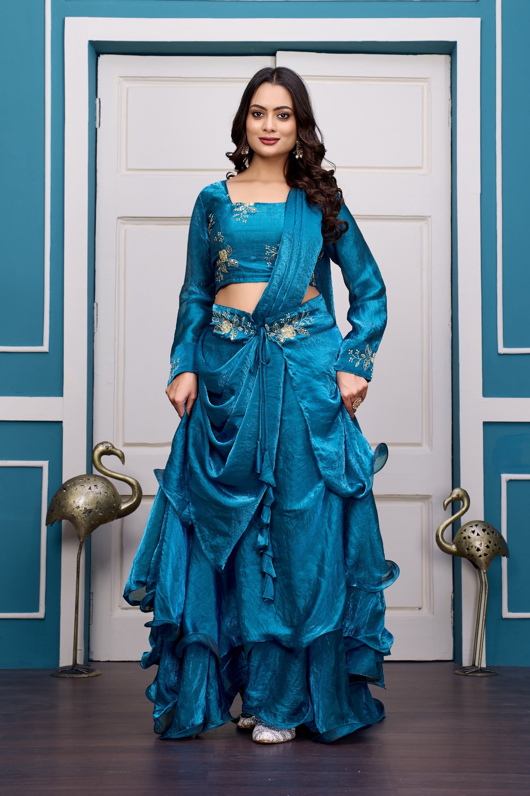 Yash Enterprise Rama Green Vichitra Silk Party Wear Embroidery Crop Top With Blouse Lehenga Choli | Grocsy