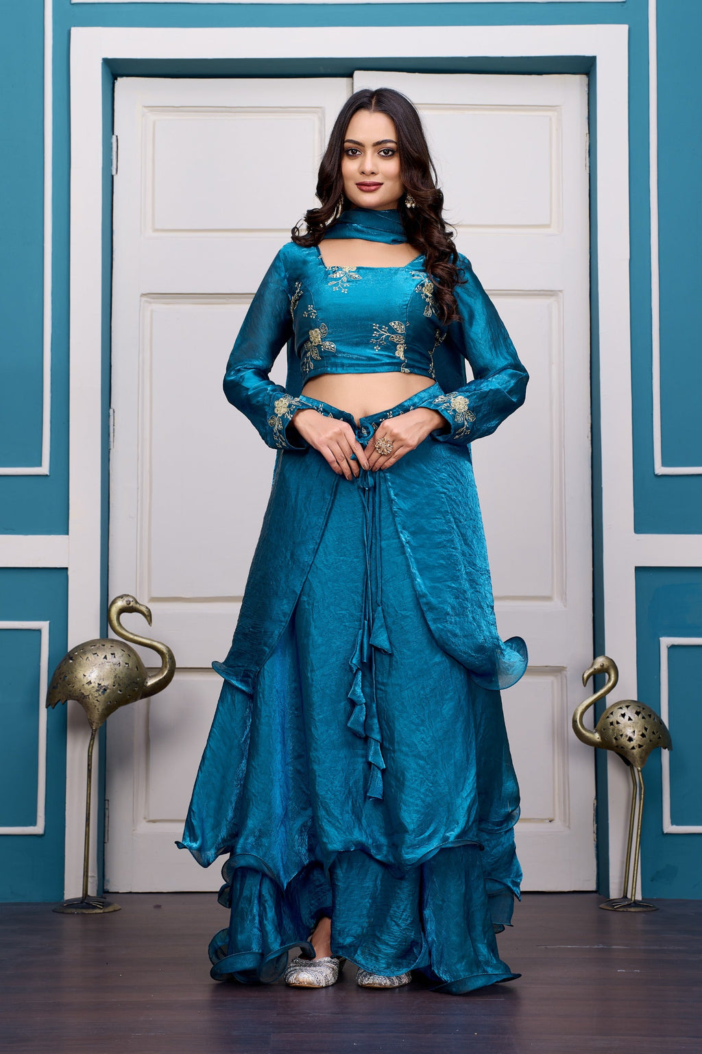 Yash Enterprise Rama Green Vichitra Silk Party Wear Embroidery Crop Top With Blouse Lehenga Choli | Grocsy