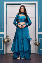 Yash Enterprise Rama Green Vichitra Silk Party Wear Embroidery Crop Top With Blouse Lehenga Choli | Grocsy