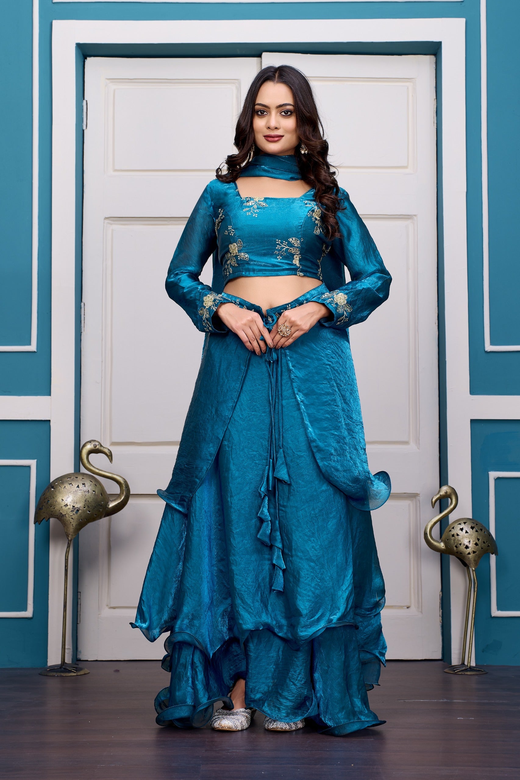 Yash Enterprise Rama Green Vichitra Silk Party Wear Embroidery Crop Top With Blouse Lehenga Choli | Grocsy