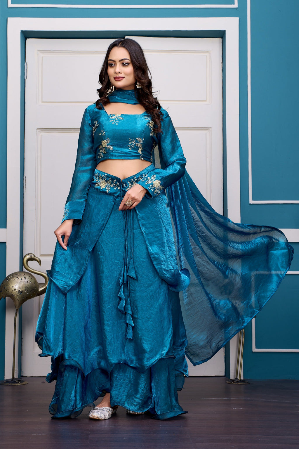 Yash Enterprise Rama Green Vichitra Silk Party Wear Embroidery Crop Top With Blouse Lehenga Choli | Grocsy