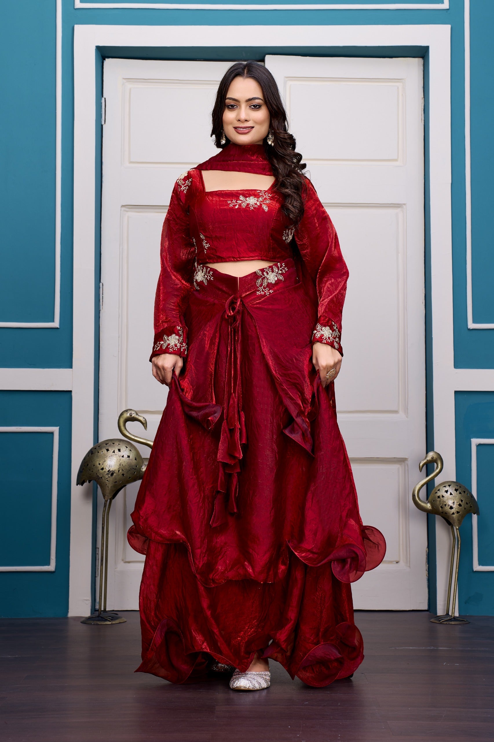 Yash Enterprise Maroon Vichitra Silk Party Wear Embroidery Crop Top With Blouse Lehenga Choli | Grocsy