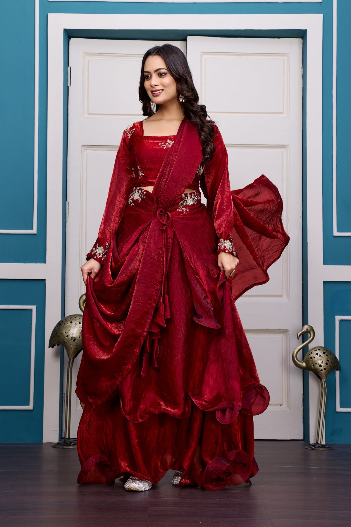 Yash Enterprise Maroon Vichitra Silk Party Wear Embroidery Crop Top With Blouse Lehenga Choli | Grocsy