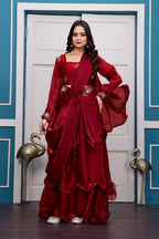 Yash Enterprise Maroon Vichitra Silk Party Wear Embroidery Crop Top With Blouse Lehenga Choli | Grocsy