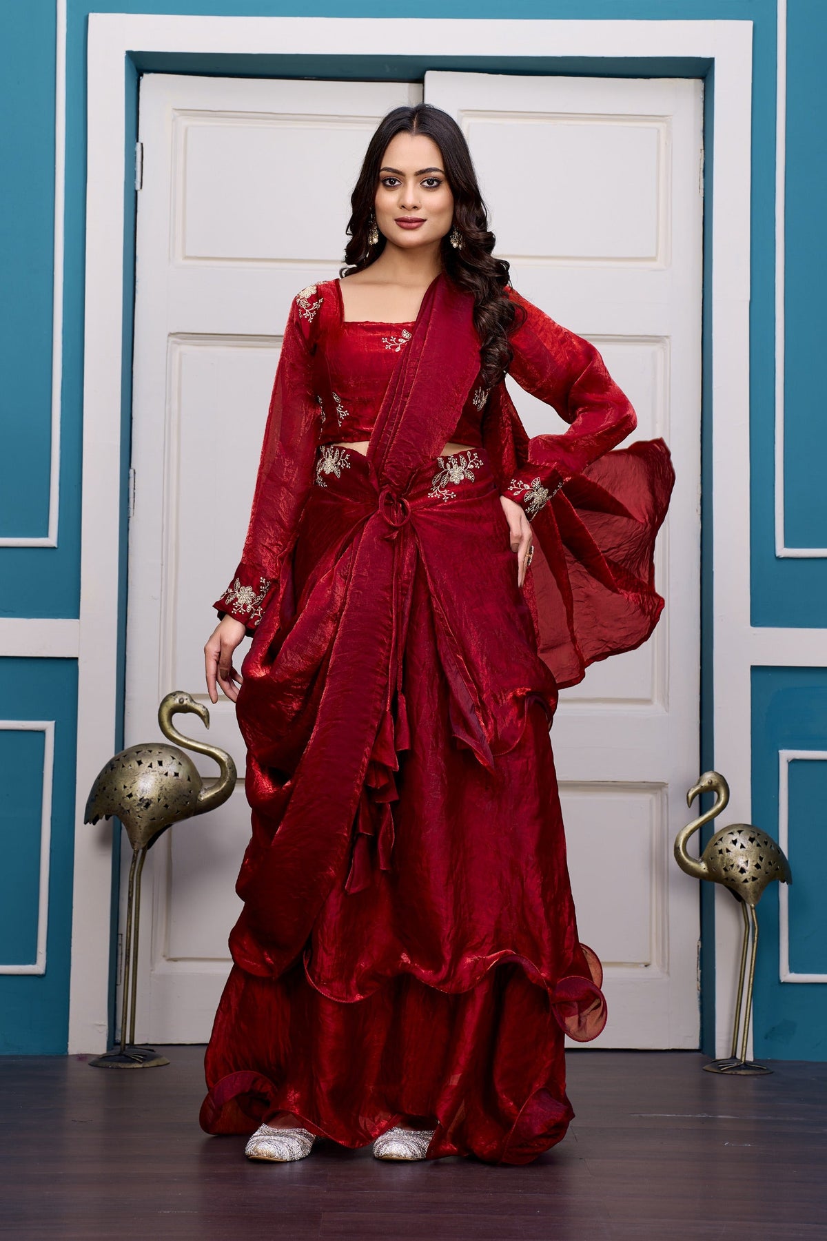Yash Enterprise Maroon Vichitra Silk Party Wear Embroidery Crop Top With Blouse Lehenga Choli | Grocsy