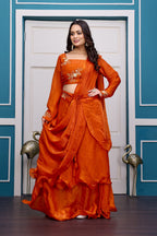 Yash Enterprise Orange Vichitra Silk Party Wear Embroidery Crop Top With Blouse Lehenga Choli | Grocsy