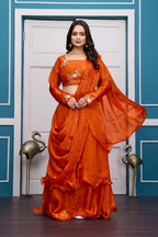 Yash Enterprise Orange Vichitra Silk Party Wear Embroidery Crop Top With Blouse Lehenga Choli | Grocsy