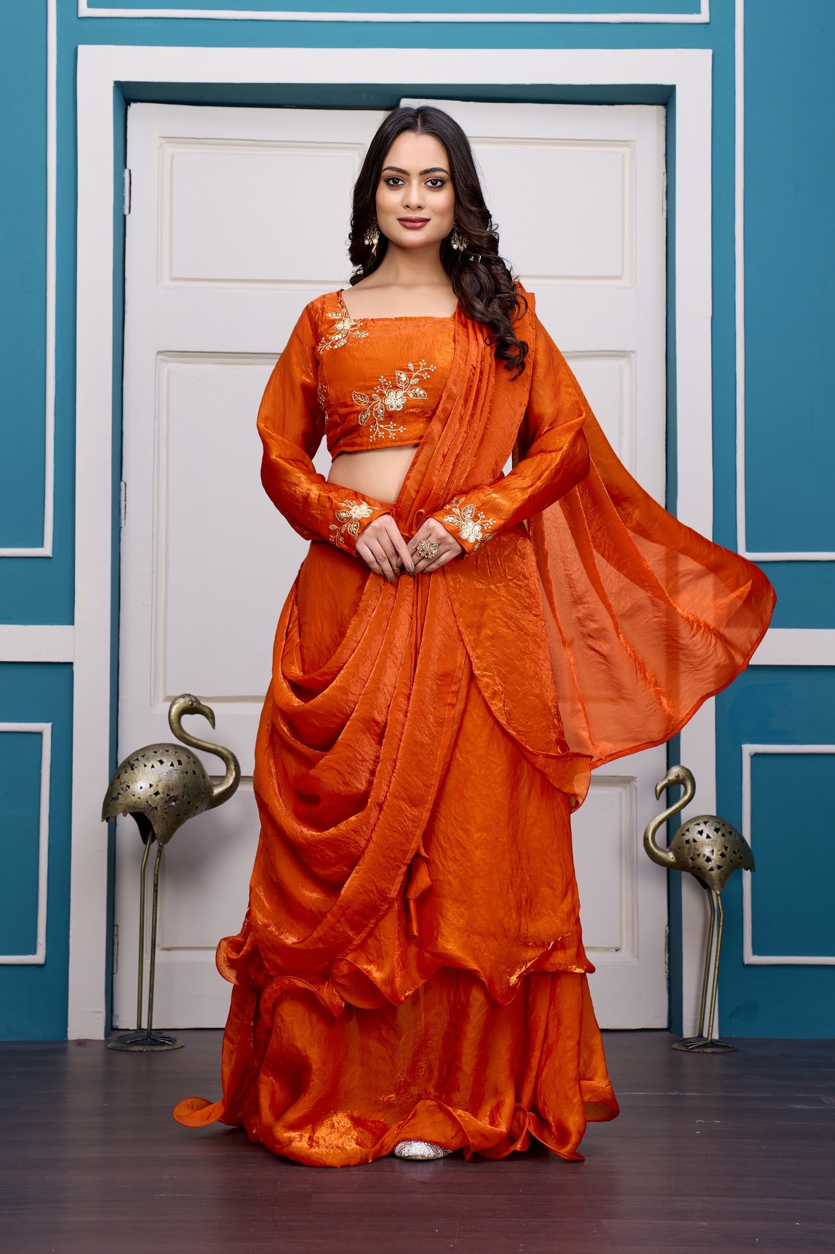 Yash Enterprise Orange Vichitra Silk Party Wear Embroidery Crop Top With Blouse Lehenga Choli | Grocsy